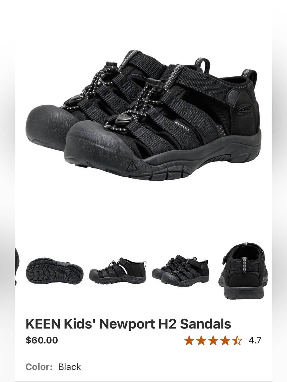 KEEN Kids' Newport H2 Black Sport Sandals - youth size 6